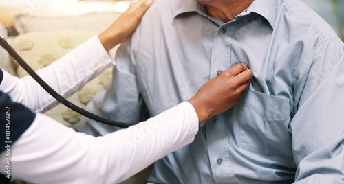 Healthcare, senior patient and nurse with stethoscope for respiratory health, wellness and heartbeat. Chest, male person and hands of cardiologist for medical checkup, listening and cardiac condition photo