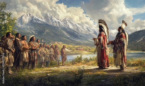 Native Americans meet by a river with mountains in the