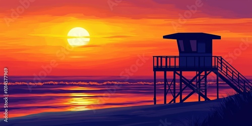 silhouette of lifeguard tower during sunset at tropical beach with calm sea water and orange sky