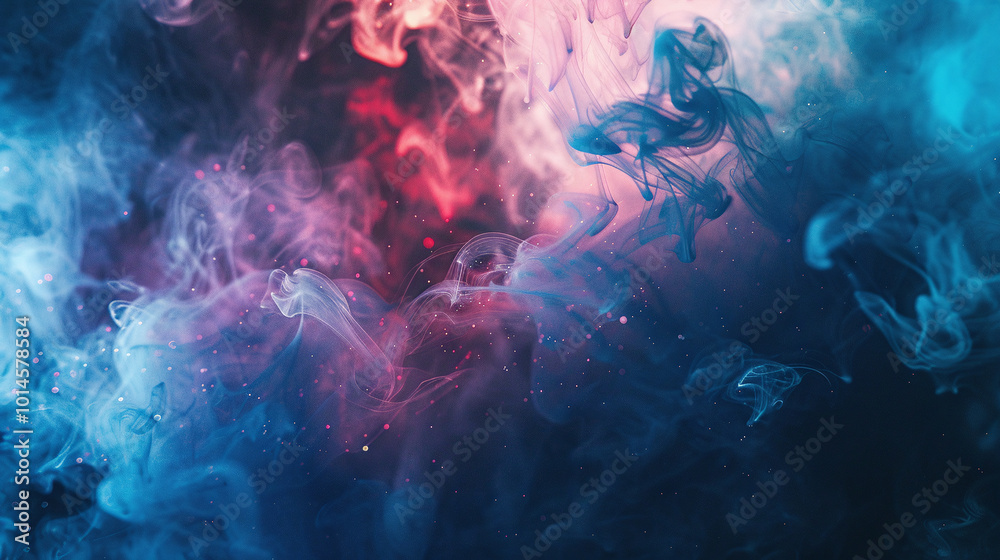 Fototapeta premium Color Smoke with Paint Water Splash, Defocused Blue Haze Cloud Glitter Particles Texture Ink Floating Dreamlike Abstract Art Background