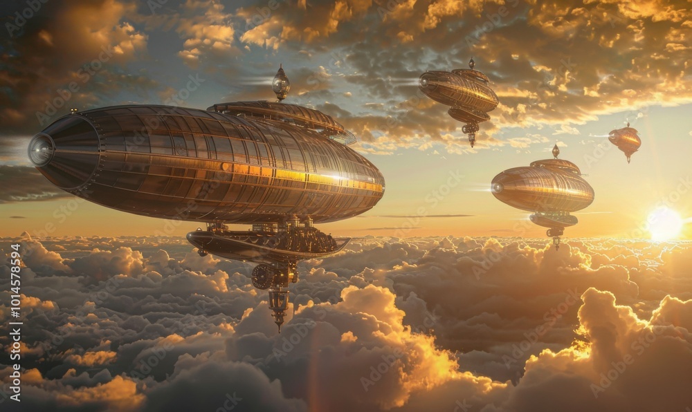 Retro-futuristic dirigibles bustling with steam-powered engines, navigating a sunset-filled sky, 4K hyperrealistic photo