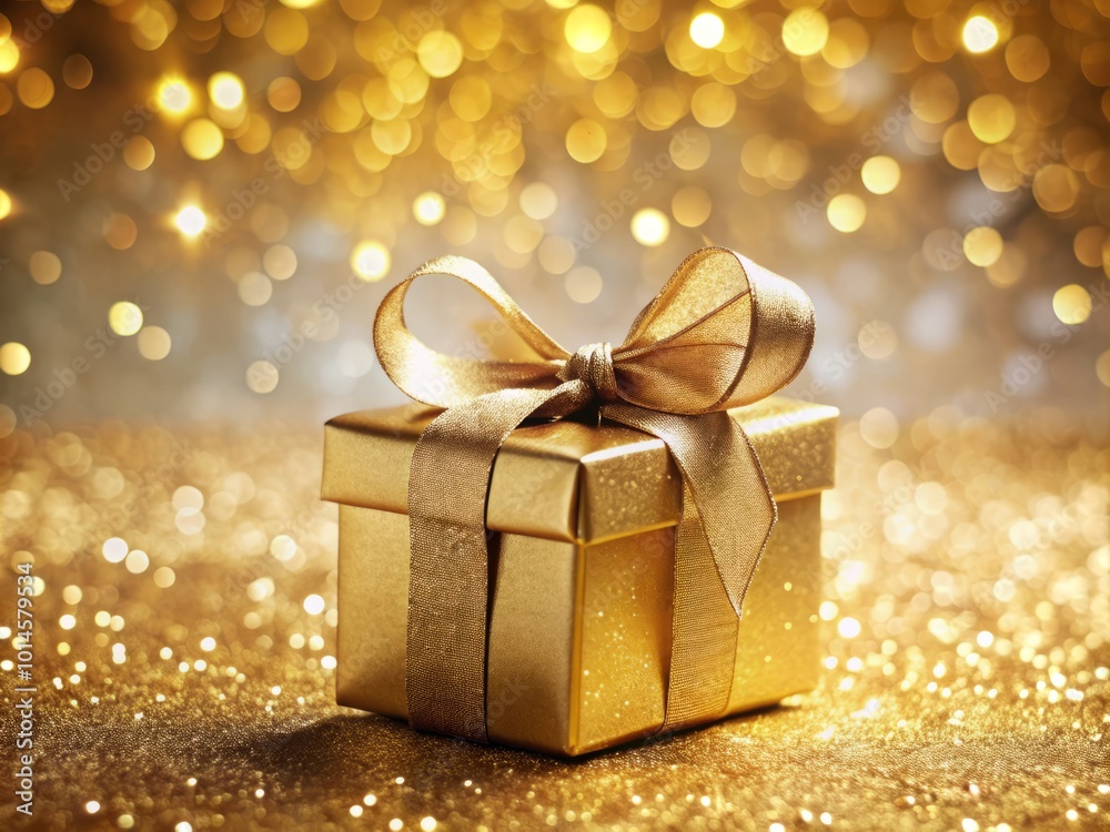 Shimmering gold gift box wrapped in an elegant ribbon, surrounded by a sparkling bokeh background, ideal for Shimmering gold gift box wrapped in an elegant ribbon, surrounded by a sparkling bokeh background, ideal for