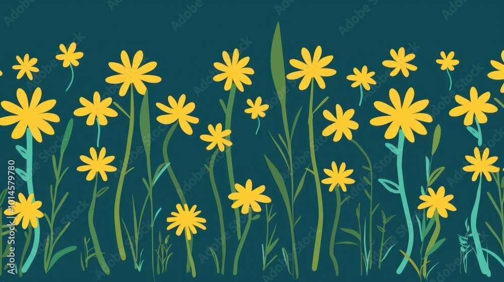 A vibrant illustration of yellow flowers against a teal background, evoking a cheerful and natural atmosphere. A vibrant illustration of yellow flowers against a teal background, evoking a cheerful and natural atmosphere.