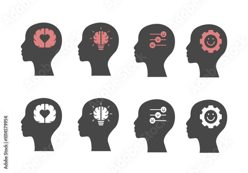 Set of icons of human head silhouettes with emotional intellect icons pink coloured and cut out.
