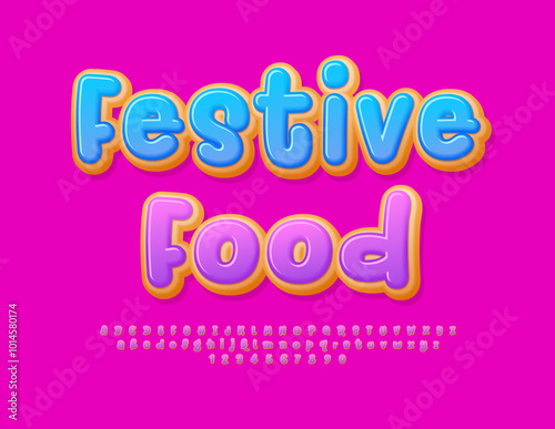 Vector Delicious label Festive Food. Sweet style Font. Tasty Donut Alphabet Letters and Numbers set.