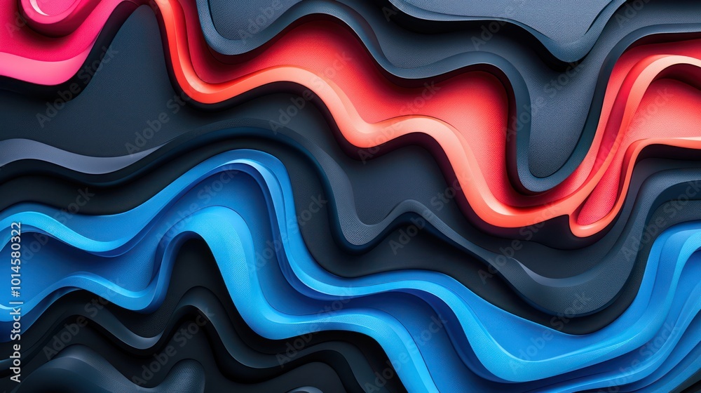 An abstract design featuring flowing waves of vibrant colors in red, blue, and black, creating a dynamic visual texture.