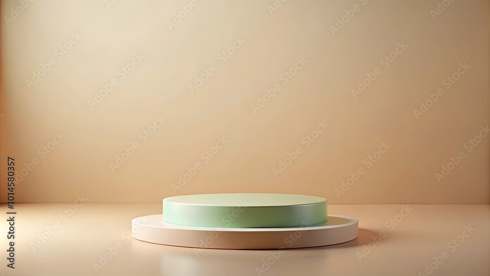 A minimalistic presentation with a soft green and beige cylindrical platform for product display, against a neutral backdrop A minimalistic presentation with a soft green and beige cylindrical platform for product display, against a neutral backdrop