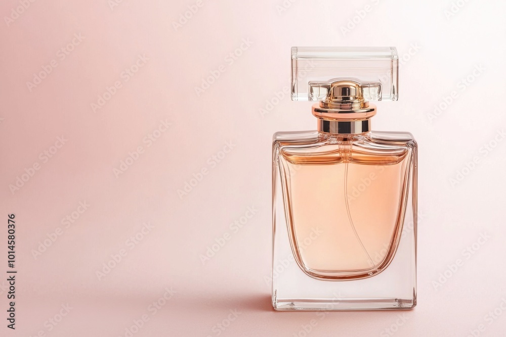 Elegant perfume bottle on soft pink background with light reflections. Elegant perfume bottle on soft pink background with light reflections.
