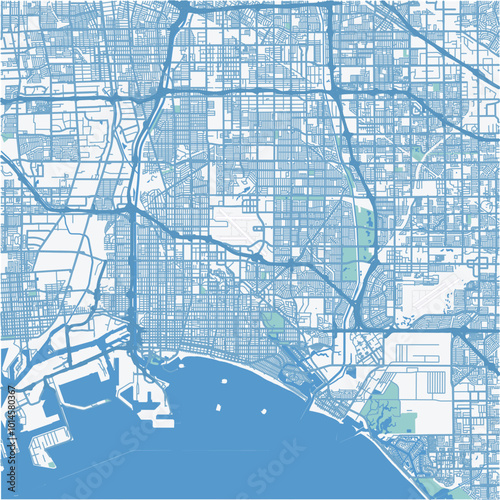 Map of Long Beach in California in a professional blue style. Contains layered vector with roads water, parks, etc.