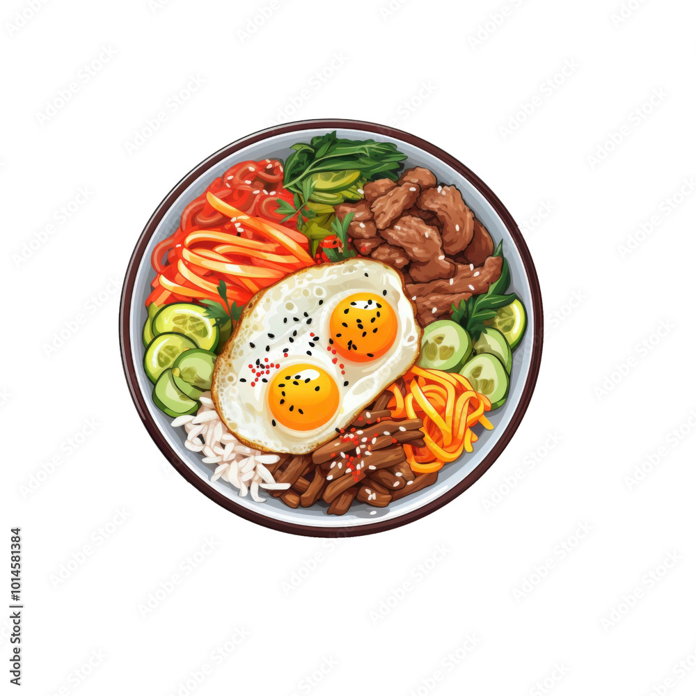 Delicious stirfry Bibimbap meal ingredients, including eggs, veggies, meat, and noodles, are perfect for food blogs, menus, and culinary designs. Generative AI Delicious stirfry Bibimbap meal ingredients, including eggs, veggies, meat, and noodles, are perfect for food blogs, menus, and culinary designs. Generative AI