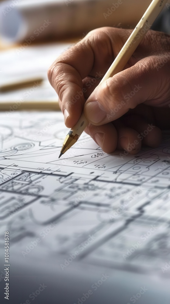 Hand sketching architectural plans with a pencil on a draft paper. Hand sketching architectural plans with a pencil on a draft paper.