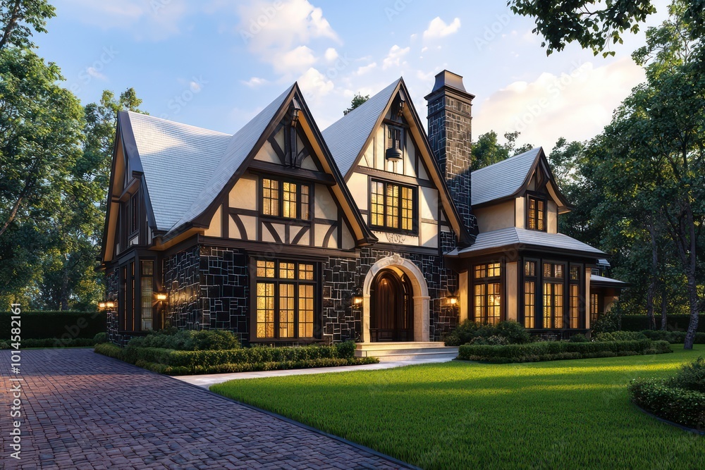 Architectural visualization of a home with honey gold accents, traditional style, dark limestone and oak details, vast windows, linen roof trim, a brick driveway, and lush green grass Architectural visualization of a home with honey gold accents, traditional style, dark limestone and oak details, vast windows, linen roof trim, a brick driveway, and lush green grass
