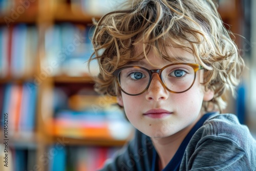 The image presents a young boy with curly hair and round glasses, looking confidently at the camera with a colorful bookshelf in the background.