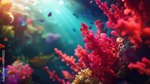 A close-up of red coral under the sea, surrounded by colorful marine life.