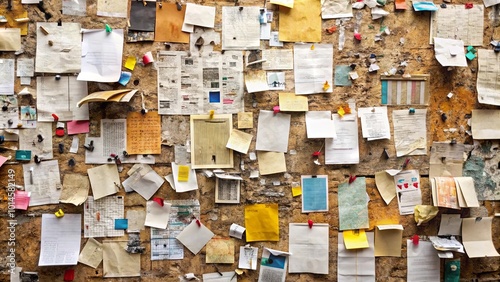A weathered brick wall covered in a chaotic tapestry of handwritten notices, faded flyers, and brightly colored sticky notes, forming a visual record of community communication.