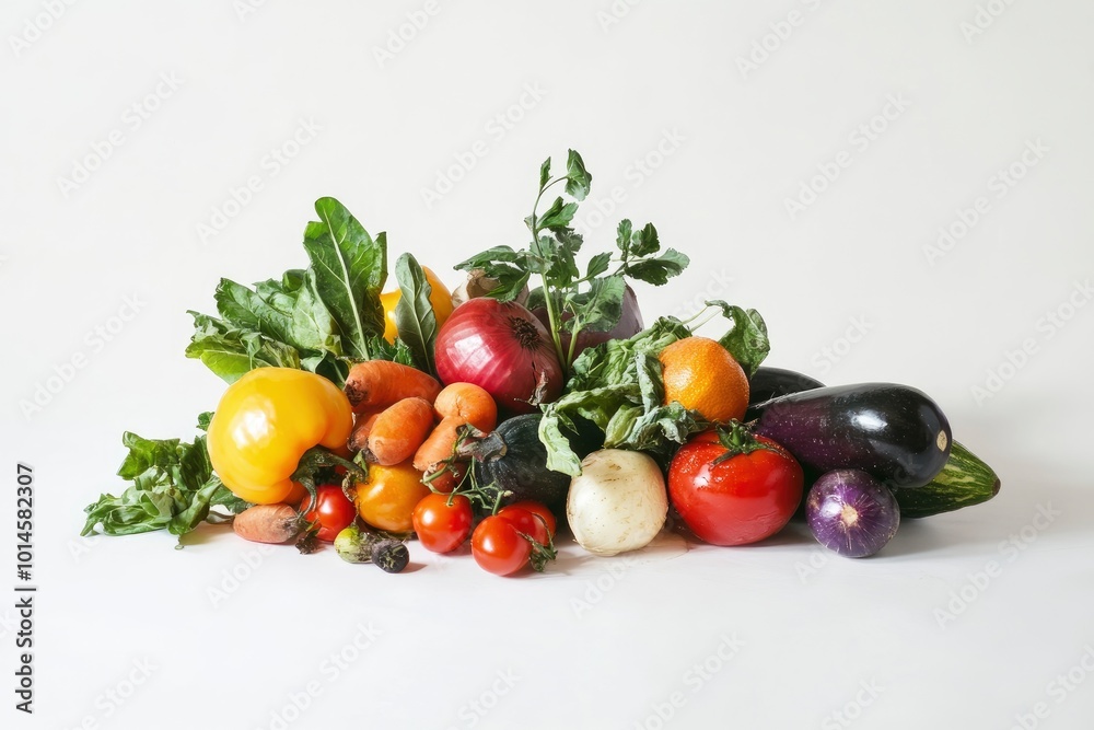 Close up still life with mixed vegetables, isolated on white background - generative ai Close up still life with mixed vegetables, isolated on white background - generative ai