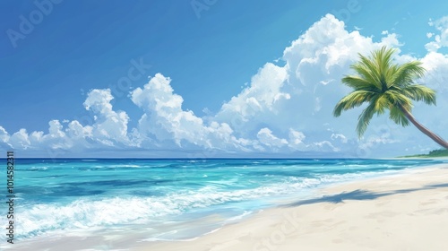 A serene beach scene with turquoise waters, soft waves, and a palm tree under a bright sky.