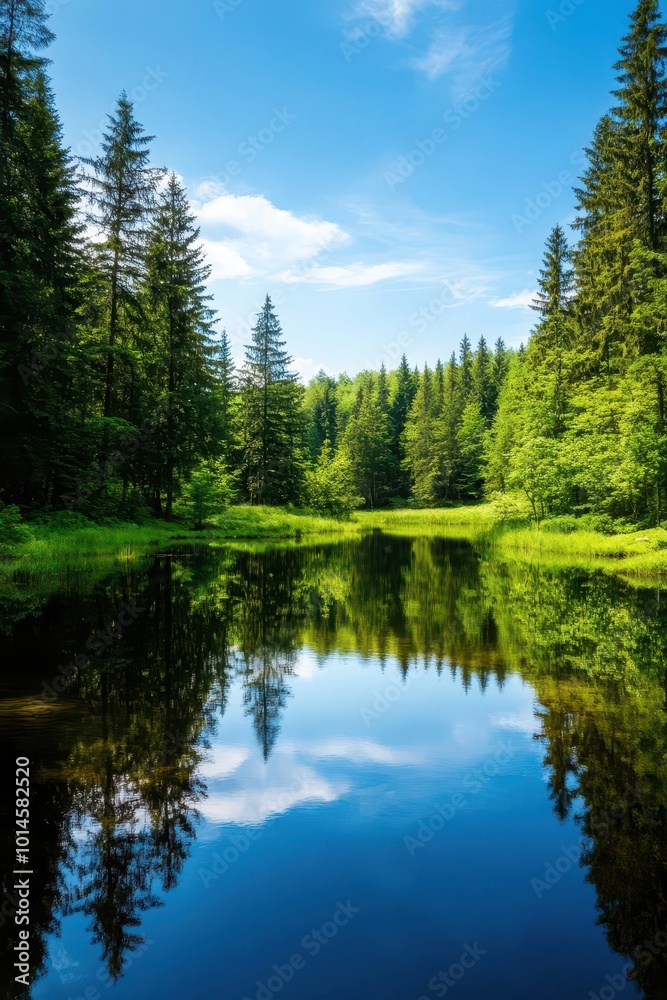 A serene forest lake reflecting the surrounding trees, showcasing the harmony between water conservation and nature, with the sky offering copy space for environmental slogans A serene forest lake reflecting the surrounding trees, showcasing the harmony between water conservation and nature, with the sky offering copy space for environmental slogans