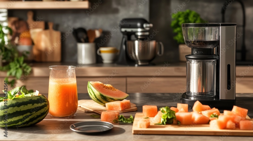 A kitchen scene with a juicer, fresh watermelon, and juice, emphasizing healthy drink preparation. A kitchen scene with a juicer, fresh watermelon, and juice, emphasizing healthy drink preparation.