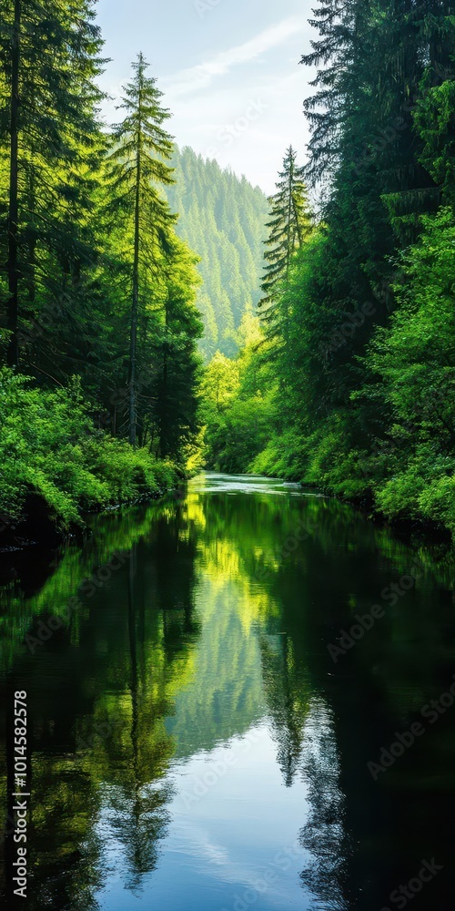 A tranquil river flowing through a dense forest A tranquil river flowing through a dense forest