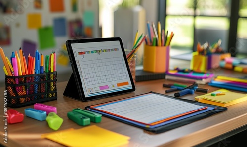 School supplies and tablet on a desk.