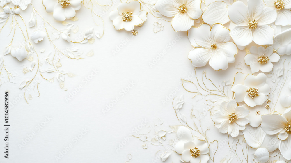 White floral arrangement with gold details on minimalist background White floral arrangement with gold details on minimalist background