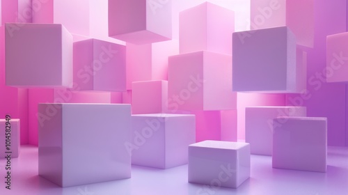 A vibrant arrangement of floating cubes in shades of pink and purple, creating a modern and abstract aesthetic.