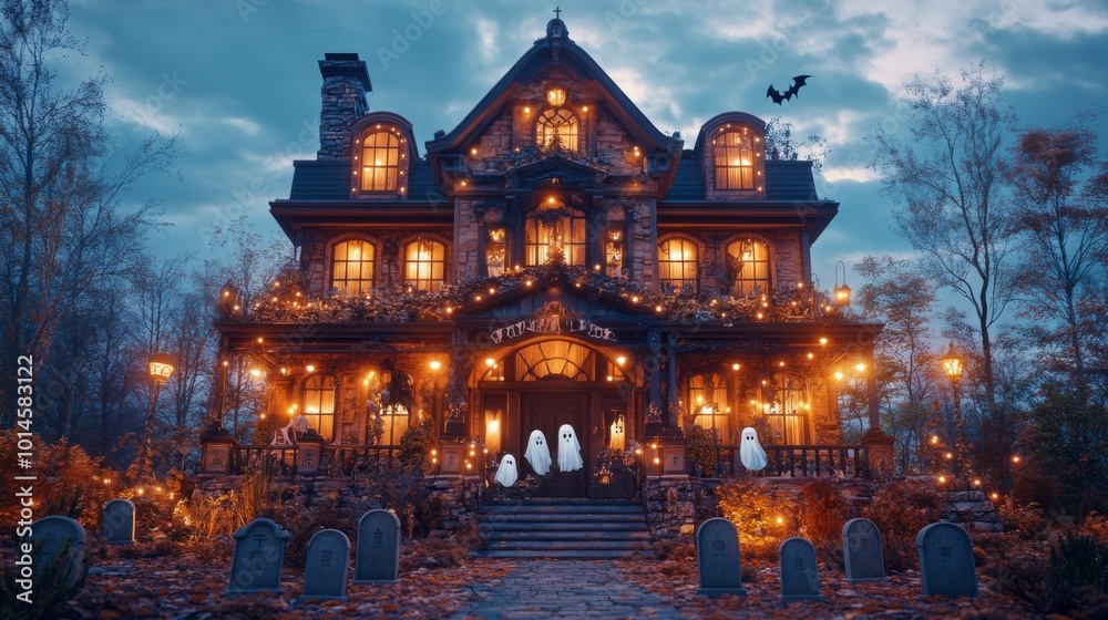 Fototapeta premium Spooky Haunted House in Outdoor Scene at Dusk