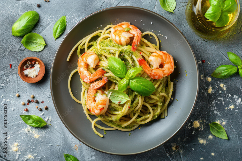 Spaghetti with prawns or shrimps in homemade pesto sauce, top view, simple composition Spaghetti with prawns or shrimps in homemade pesto sauce, top view, simple composition