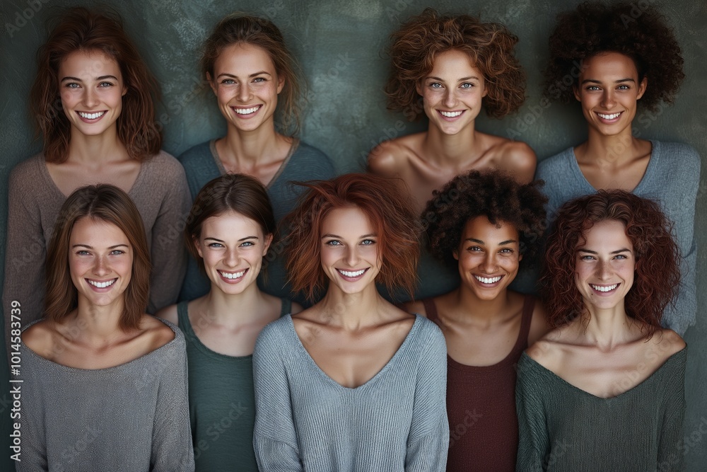 Obraz premium Group of women with different hair colors and styles. They are all smiling. One woman has a green shirt. different faces of different woman of diverse haircut.