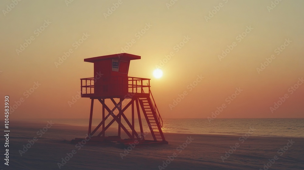 A red lifeguard tower standing on a sandy beach, silhouetted against the setting sun. A red lifeguard tower standing on a sandy beach, silhouetted against the setting sun.