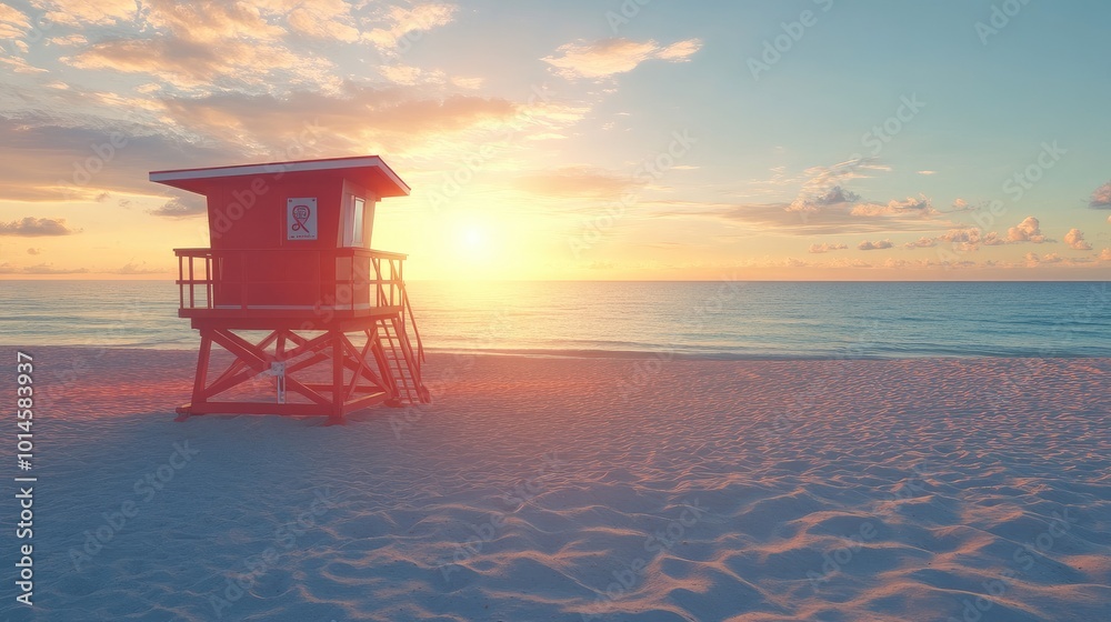 A red lifeguard tower standing on a sandy beach, silhouetted against the setting sun. A red lifeguard tower standing on a sandy beach, silhouetted against the setting sun.