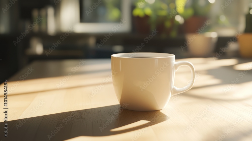 A White Mug of Coffee on a Wooden Table in Sunlight A White Mug of Coffee on a Wooden Table in Sunlight