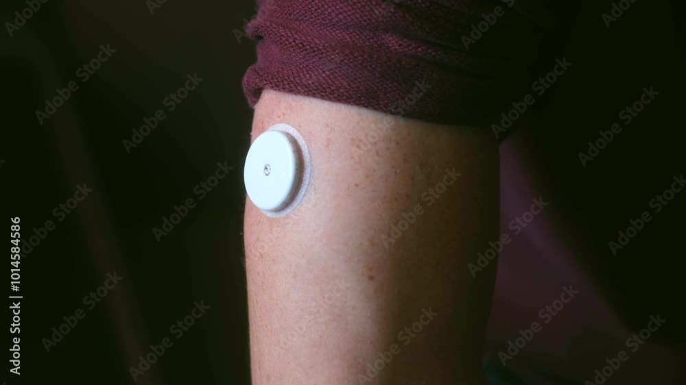 Person is wearing a continuous glucose monitoring system patch on their upper arm, providing real-time blood sugar readings for diabetes management