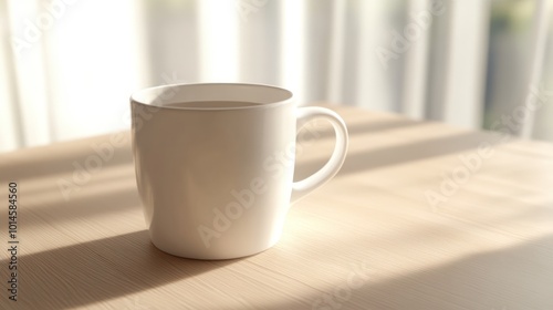 White Coffee Mug on Wooden Table with Sunlight