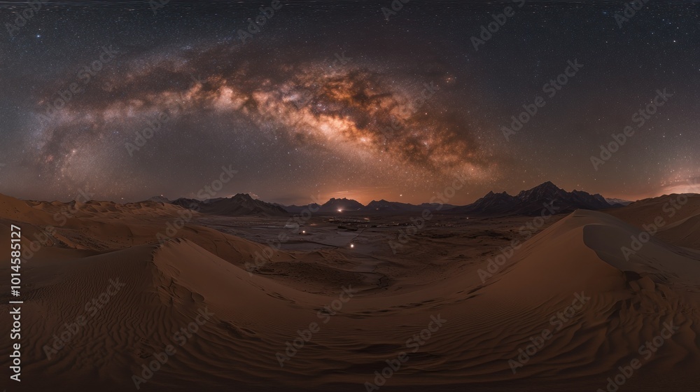 Naklejka premium Milky Way Arcing Over Sand Dunes and Mountains in a Desert Landscape