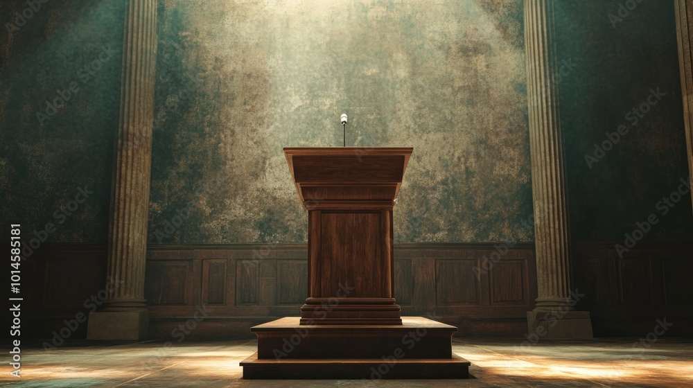 Wooden Podium in a Dusty Room with Two Columns Wooden Podium in a Dusty Room with Two Columns