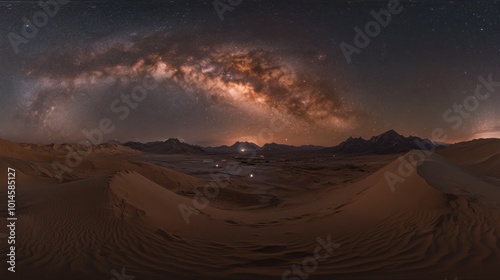 Milky Way Arcing Over Sand Dunes and Mountains in a Desert Landscape