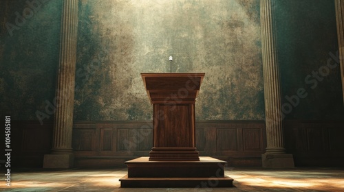 Wooden Podium in a Dusty Room with Two Columns