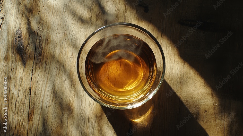 Glass of hot tea with visible steam, captured from above, on a natural wooden table surrounded by subtle shadows, no people Glass of hot tea with visible steam, captured from above, on a natural wooden table surrounded by subtle shadows, no people