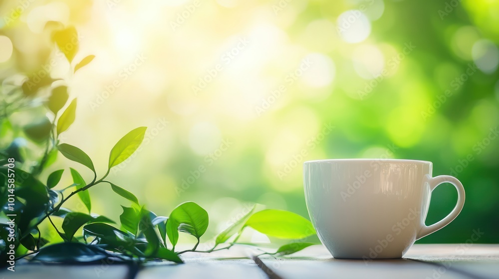 White Coffee Cup Resting on a Wooden Table with Green Foliage and Blurred Background White Coffee Cup Resting on a Wooden Table with Green Foliage and Blurred Background