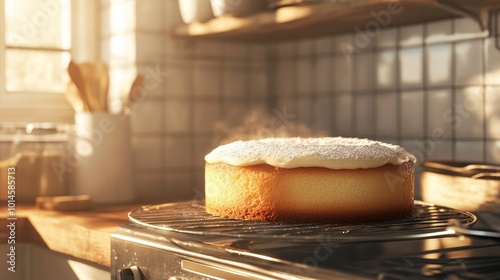 A cozy baking scene  vanilla cake rises in the oven, filling the kitchen with heavenly scents photo