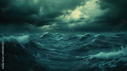 Dark Stormy Ocean with Rolling Waves and Cloudy Sky