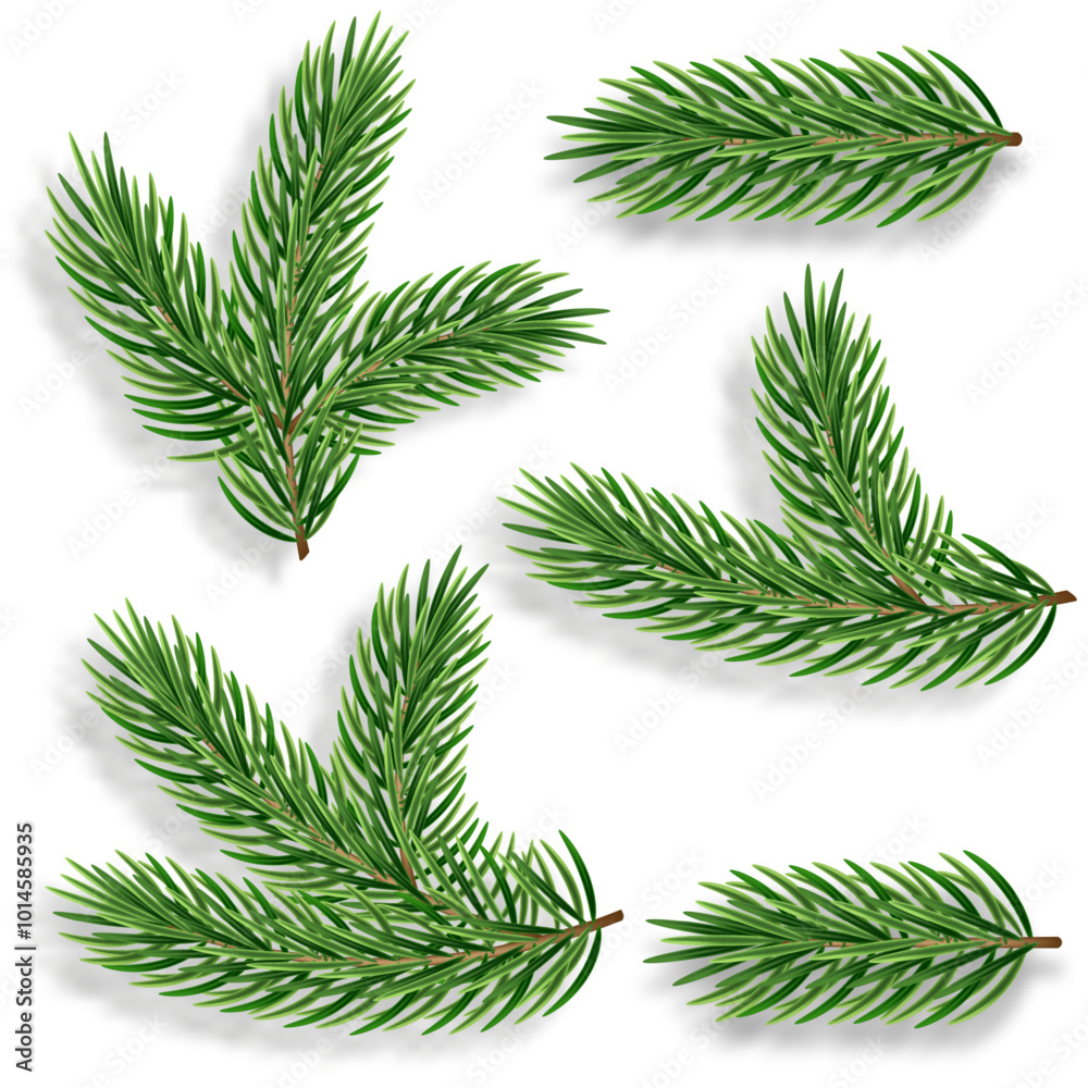 Naklejka premium Set of 3d realistic evergreen pine tree branches for a Christmas decor. Vector illustration. Green needles for winter xmas holiday celebration.