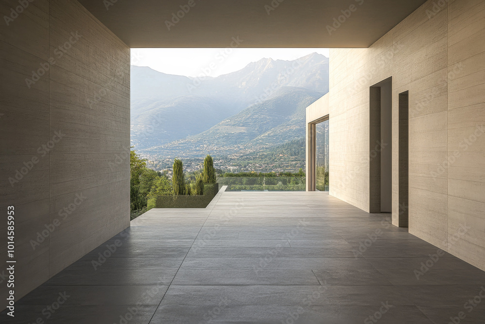 Fototapeta premium Modern minimalist architecture with expansive views of mountains during the golden hour