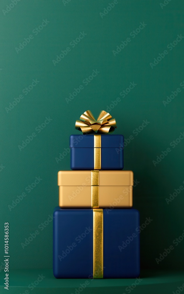 Stacked gift boxes with gold ribbons on a green background. Stacked gift boxes with gold ribbons on a green background.