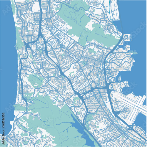 Map of South San Francisco in California in a professional blue style. Contains layered vector with roads water, parks, etc.