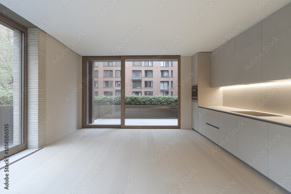 Fototapeta premium Modern kitchen with large windows and minimalist design in a contemporary apartment interior