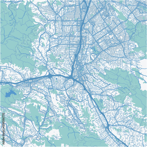 Map of Walnut Creek in California in a professional blue style. Contains layered vector with roads water, parks, etc.
