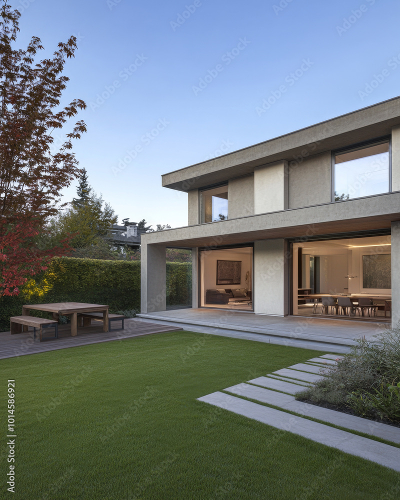 Fototapeta premium Modern home exterior with landscaped garden and patio area in the late afternoon sunlight